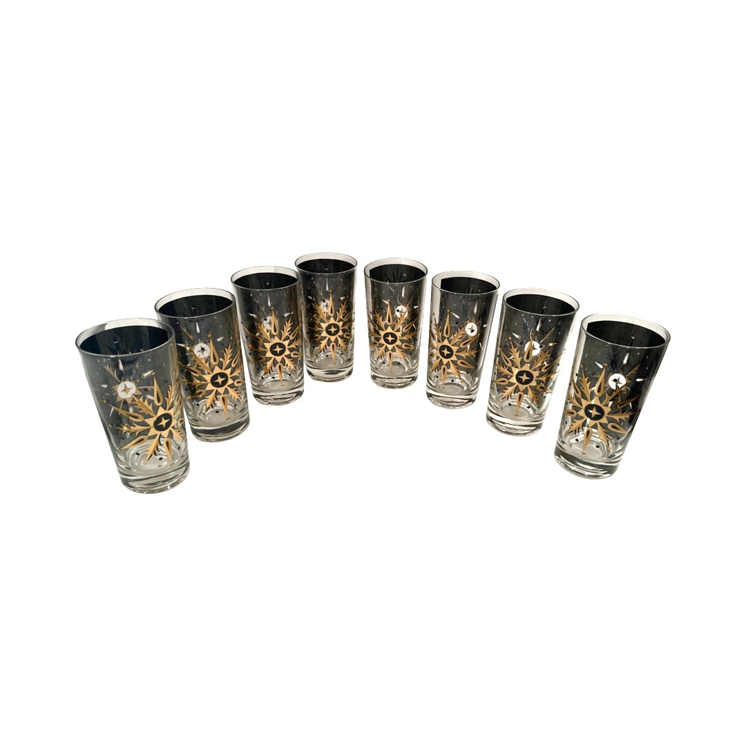 Helen Conroy Mid-Century Golden Snowflake Kaleidoscope Glasses (Set of 8)