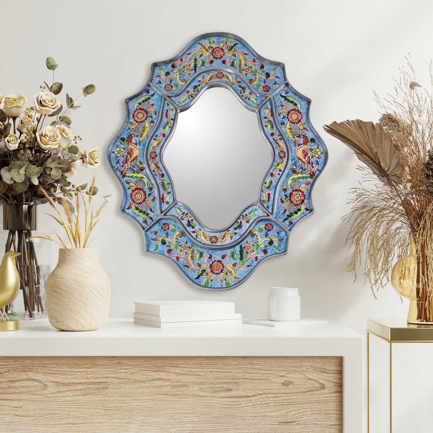 Artisan Made Reverse Painted Glass Wall Mirror - Blue Sky
