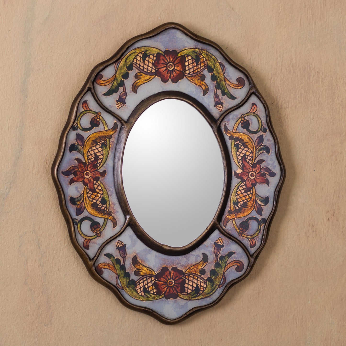 Aged White Reverse Painted Glass Wall Mirror from Peru - White Colonial Wreath