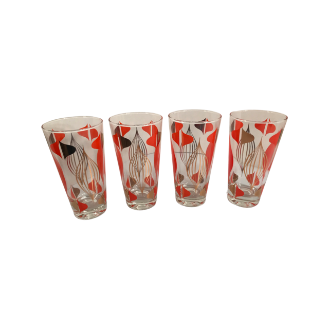 Anchor Hocking Mid-Century Retro Orange and 22-Karat Gold Atomic Abstract Highball Glasses (Set of 4)