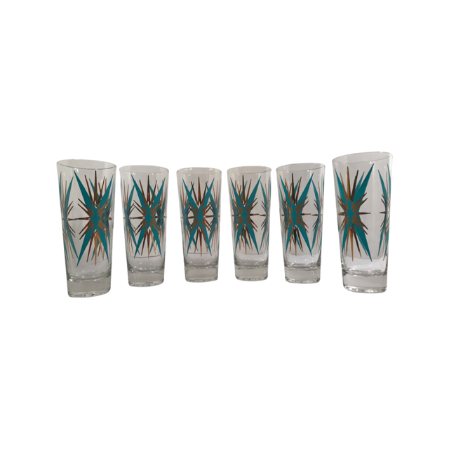 Federal Glass Inca Atomic Turquoise and 22-Karat Gold Starburst Collins Glasses (Set of 6)