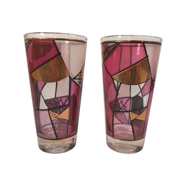 Ned Harris Signed Mid-Century Pink and Purple Abstract Glasses (Set of 2)