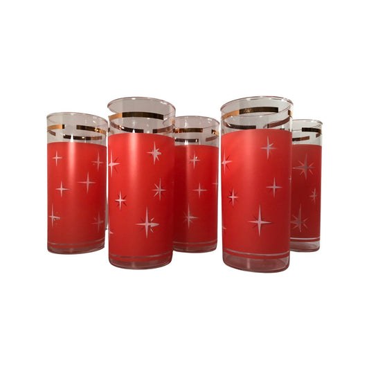 Bartlett Collins Mid-Century Orange Atomic North Star Collins Glasses (Set of 5)
