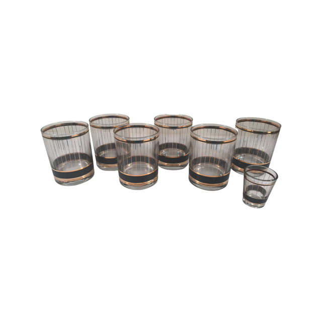 Culver Signed Black and 22-Karat Gold Devon Double Old Fashion Glasses and Shot Glass (7 Piece Set)
