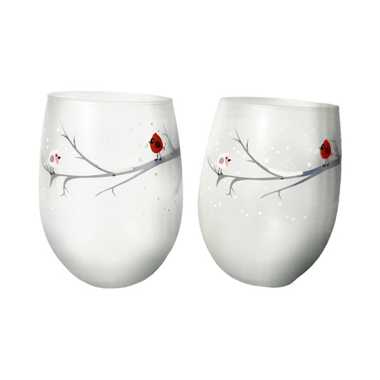 Culver Signed Cardinal and Bird Roly Poly Glasses (Set of 2)
