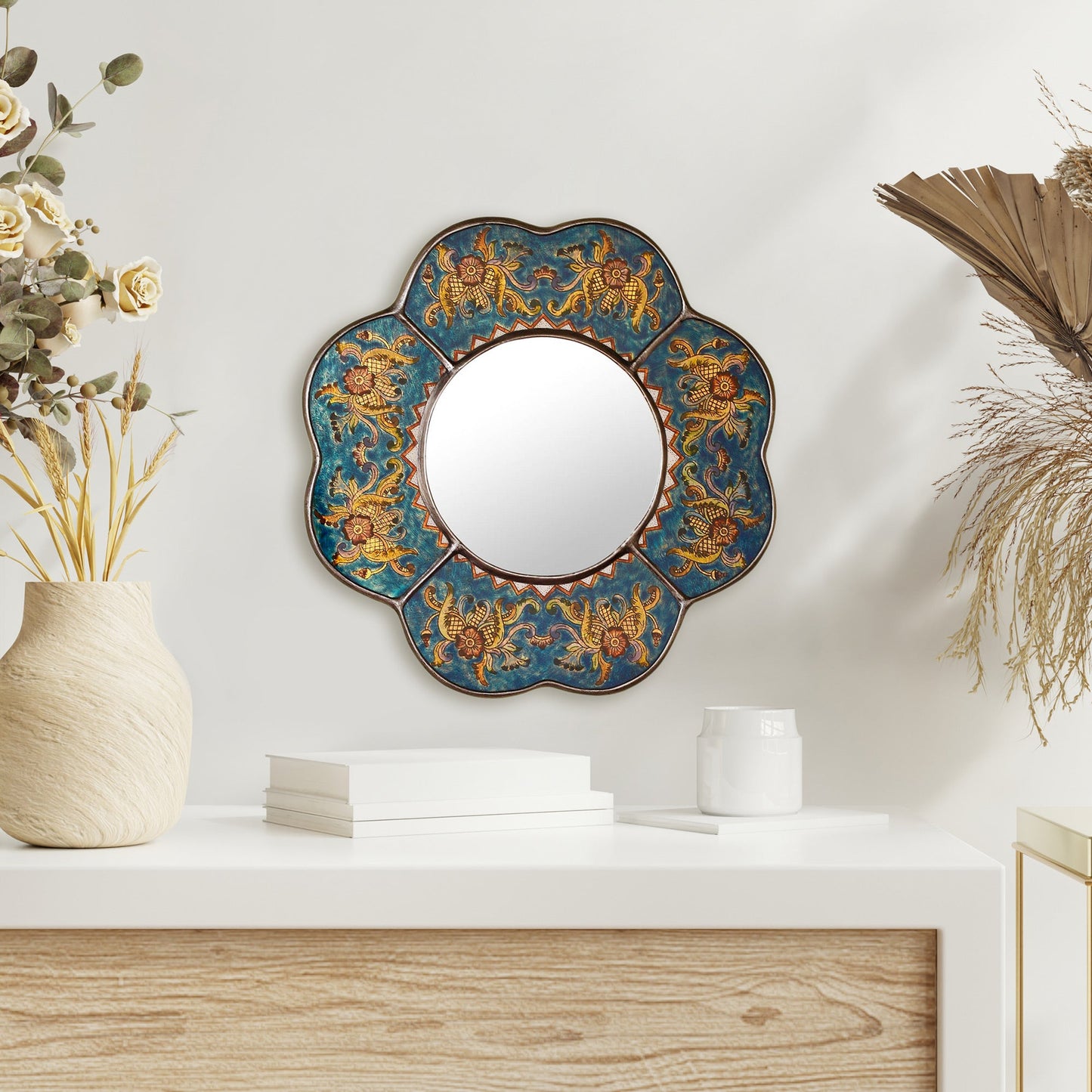 Andean Reverse Painted Glass Blue Floral Wall Mirror - Blue Cajamarca Blossom