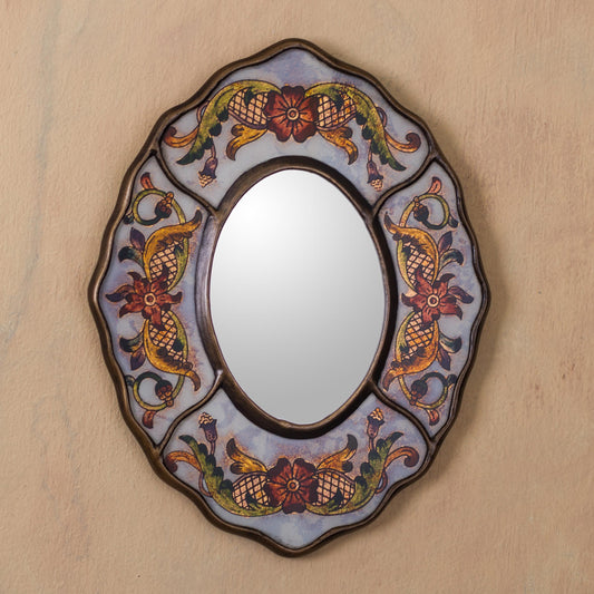 Aged White Reverse Painted Glass Wall Mirror from Peru - White Colonial Wreath