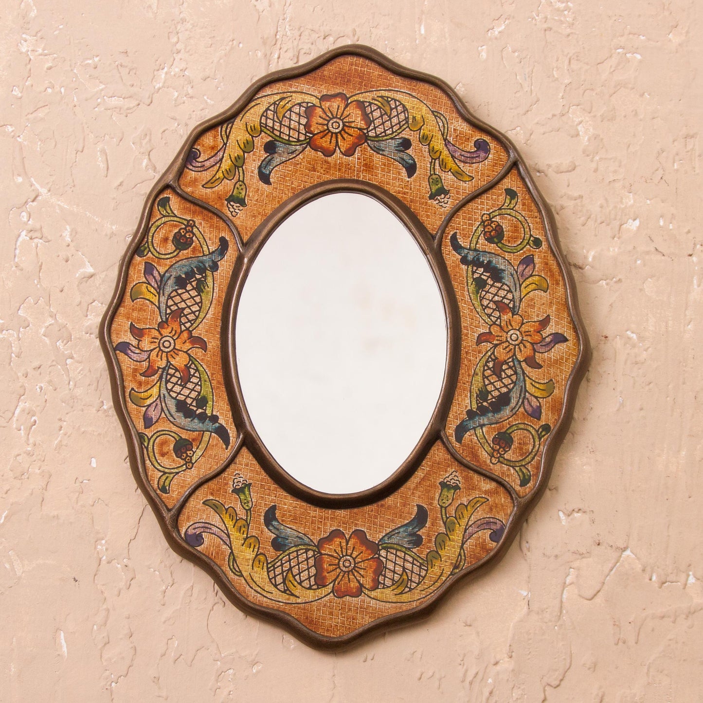 Brown Floral Reverse-Painted Glass Wall Mirror from Peru - Caramel Colonial Wreath