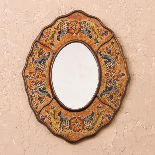 Brown Floral Reverse-Painted Glass Wall Mirror from Peru - Caramel Colonial Wreath