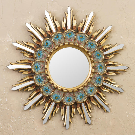 Bronze Gilded Reverse-Painted Glass Wood Wall Mirror - Sunny Arrangement