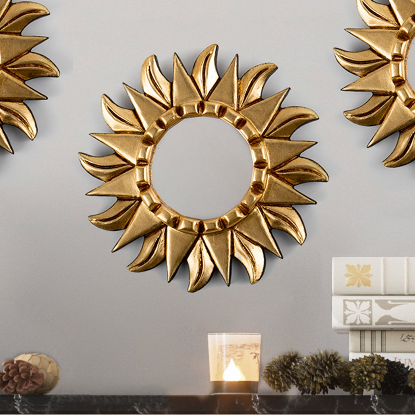 Antiqued Round Bronze Gilded Wood Wall Mirror with Sun Motif - Bright Sun