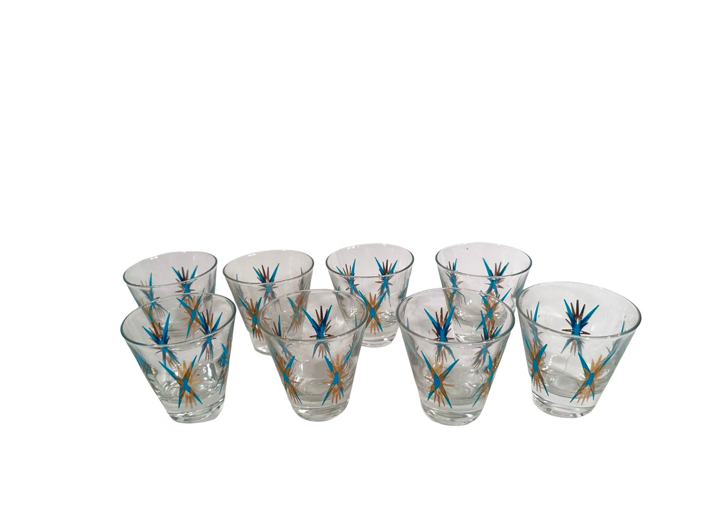 Federal Glass Inca Atomic Turquoise and 22-Karat Gold Starburst Jigger/Shot Glasses (Set of 8)